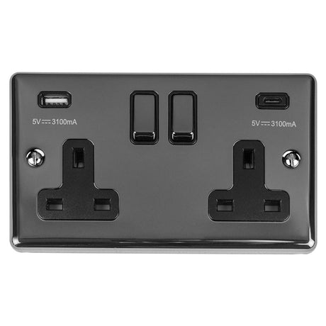This is an image showing Eurolite Enhance Decorative 2 Gang 13Amp Switched Socket With Usb C Black Nickel - Black Nickel (With Black Trim) en2usbcbnb available to order from T.H. Wiggans Ironmongery in Kendal, quick delivery and discounted prices.