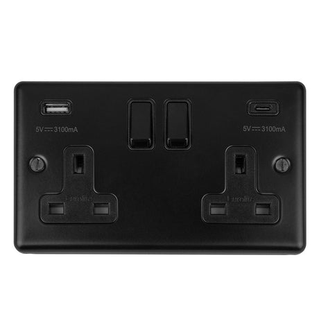 This is an image showing Eurolite Enhance Decorative 2 Gang 13Amp Switched Socket With Usb C Matt Black - Matt Black (With Black Trim) en2usbcmbb available to order from T.H. Wiggans Ironmongery in Kendal, quick delivery and discounted prices.