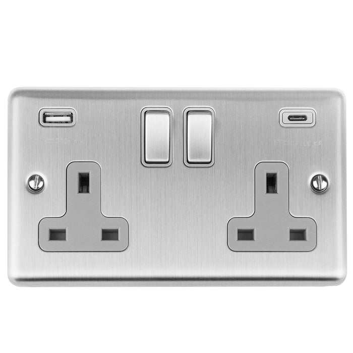 This is an image showing Eurolite Enhance Decorative 2 Gang 13Amp Switched Socket With Usb C Stainless Steel - Satin Stainless (With Rockers Trim) en2usbcssg available to order from T.H. Wiggans Ironmongery in Kendal, quick delivery and discounted prices.