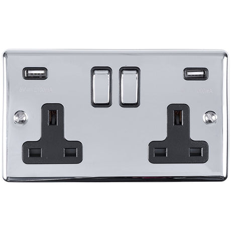This is an image showing Eurolite Enhance Decorative 2 Gang USB Socket - Polished Chrome (With Black Trim) en2usbpcb available to order from T.H. Wiggans Ironmongery in Kendal, quick delivery and discounted prices.