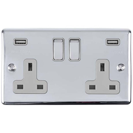 This is an image showing Eurolite Enhance Decorative 2 Gang USB Socket - Polished Chrome (With Grey Trim) en2usbpcg available to order from T.H. Wiggans Ironmongery in Kendal, quick delivery and discounted prices.