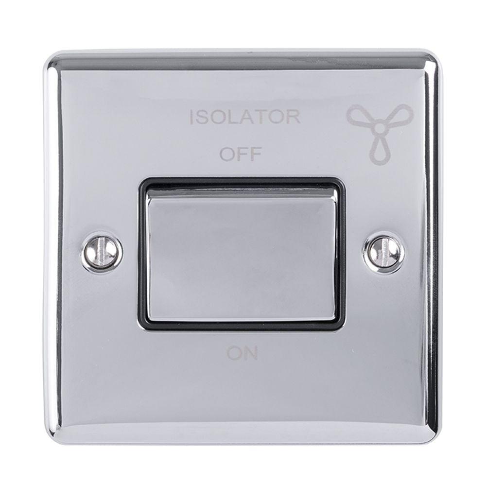 This is an image showing Eurolite Enhance Decorative Fan Switch - Polished Chrome (With Black Trim) enfswpcb available to order from T.H. Wiggans Ironmongery in Kendal, quick delivery and discounted prices.