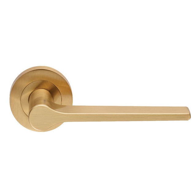 This is an image of Carlisle Brass - Velino Lever on Round Rose - Satin Brass available to order from T.H Wiggans Architectural Ironmongery in Kendal, quick delivery and discounted prices.