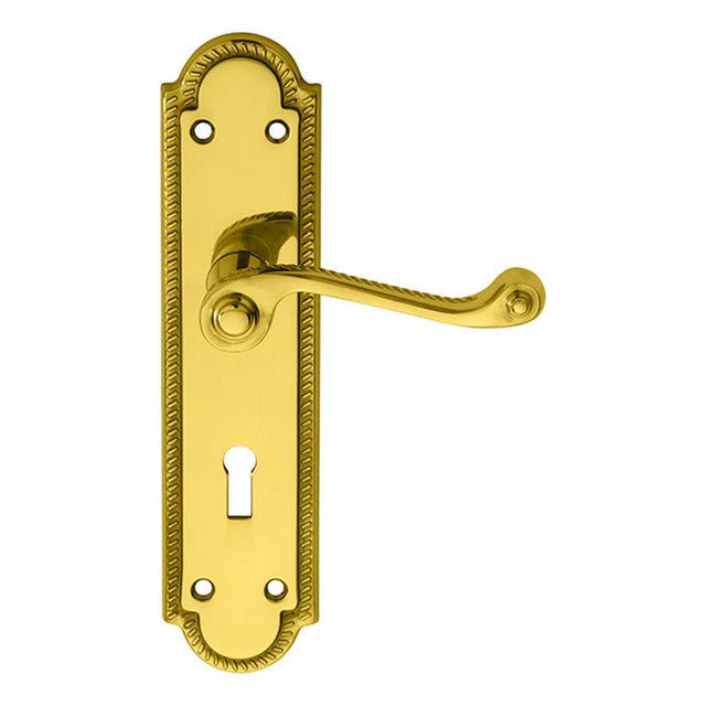 This is an image of Carlisle Brass - Georgian Lever on Shaped Lock Backplate - Polished Brass available to order from T.H Wiggans Architectural Ironmongery in Kendal, quick delivery and discounted prices.