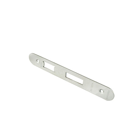 This is an image of a Eurospec - Easi - T Forend Strike and Fixing Pack - Radius Forend - Bright Stain that is availble to order from T.H Wiggans Architectural Ironmongery in Kendal.