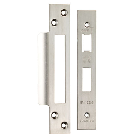 This is an image of a Eurospec - Easi - T Forend Strike and Fixing Pack-Satin Stainless Steel-Square F that is availble to order from T.H Wiggans Architectural Ironmongery in Kendal.