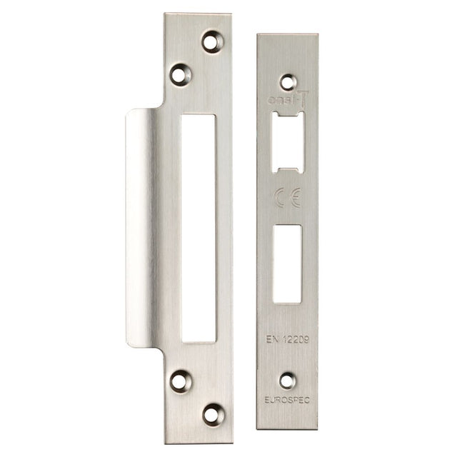 This is an image of a Eurospec - Easi - T Forend Strike and Fixing Pack-Satin Stainless Steel-Square F that is availble to order from T.H Wiggans Architectural Ironmongery in Kendal.