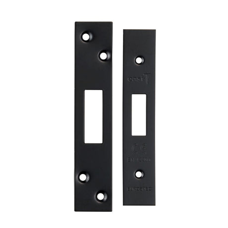 This is an image of a Eurospec - Architectural Deadlock Forend & Strike Pack - Matt Black that is availble to order from T.H Wiggans Architectural Ironmongery in Kendal.