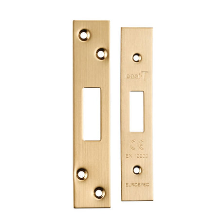 This is an image of a Eurospec - Architectural Deadlock Forend & Strike Pack - Satin Brass that is availble to order from T.H Wiggans Architectural Ironmongery in Kendal.