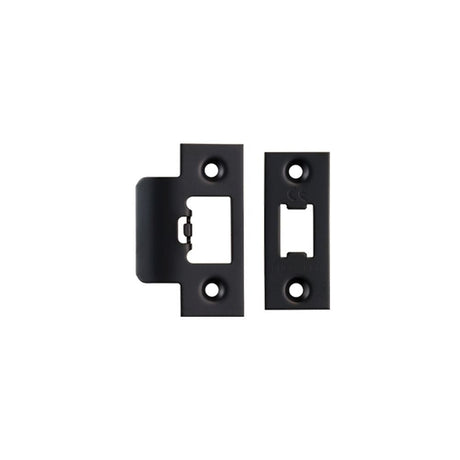 This is an image of a Eurospec - Tls Forend & Strike Pack - Matt Black that is availble to order from T.H Wiggans Architectural Ironmongery in Kendal.