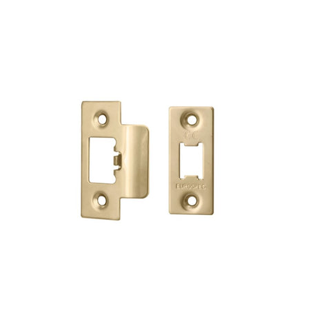 This is an image of a Eurospec - Forend Strike & Fixing Pack To Suit Heavy Duty Tubular Latch-PVD-Squa that is availble to order from T.H Wiggans Architectural Ironmongery in Kendal.