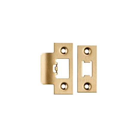 This is an image of a Eurospec - Tls Forend & Strike Pack - Satin Brass that is availble to order from T.H Wiggans Architectural Ironmongery in Kendal.