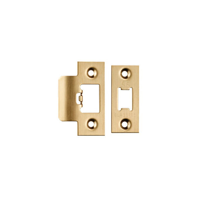 This is an image of a Eurospec - Tls Forend & Strike Pack - Satin Brass that is availble to order from T.H Wiggans Architectural Ironmongery in Kendal.