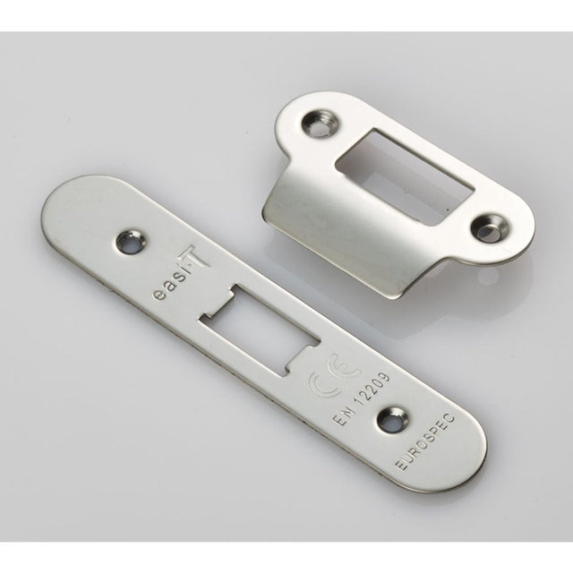 This is an image of a Eurospec - Forend Strike & Fixing Pack To Suit Flat Latch FLL5030-Bright Stainle that is availble to order from T.H Wiggans Architectural Ironmongery in Kendal.