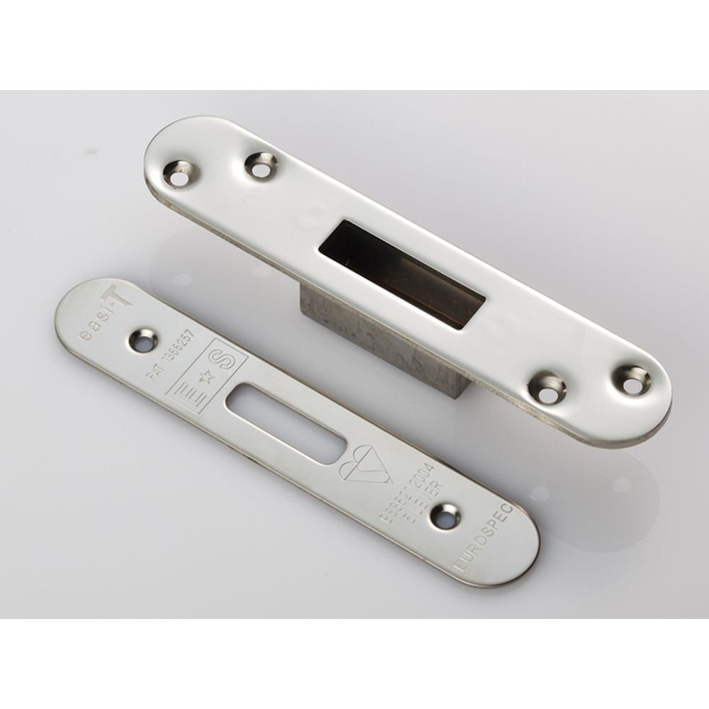 This is an image of a Eurospec - Easi T Forend Strikes & Fixing Pack To Suit BS 5 Lever Deadlock-Brigh that is availble to order from T.H Wiggans Architectural Ironmongery in Kendal.