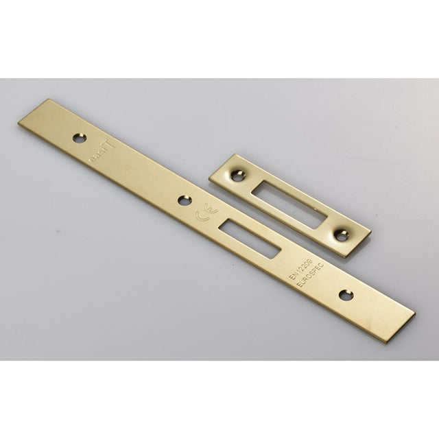 This is an image of a Eurospec - Forend Strike & Fixing Pack To Suit Din Euro Deadlock-PVD-Square Fore that is availble to order from T.H Wiggans Architectural Ironmongery in Kendal.