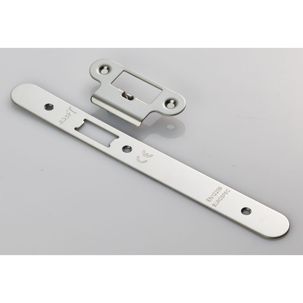 This is an image of a Eurospec - Forend Strike & Fixing Pack To Suit Din Latch-Bright Stainless Steel- that is availble to order from T.H Wiggans Architectural Ironmongery in Kendal.