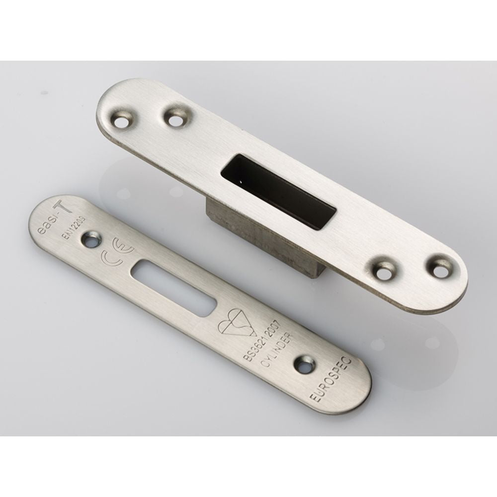 This is an image of a Eurospec - Easi T Forend Strike & Fixing Pack To Suit Euro Profile BS Cylinder D that is availble to order from T.H Wiggans Architectural Ironmongery in Kendal.