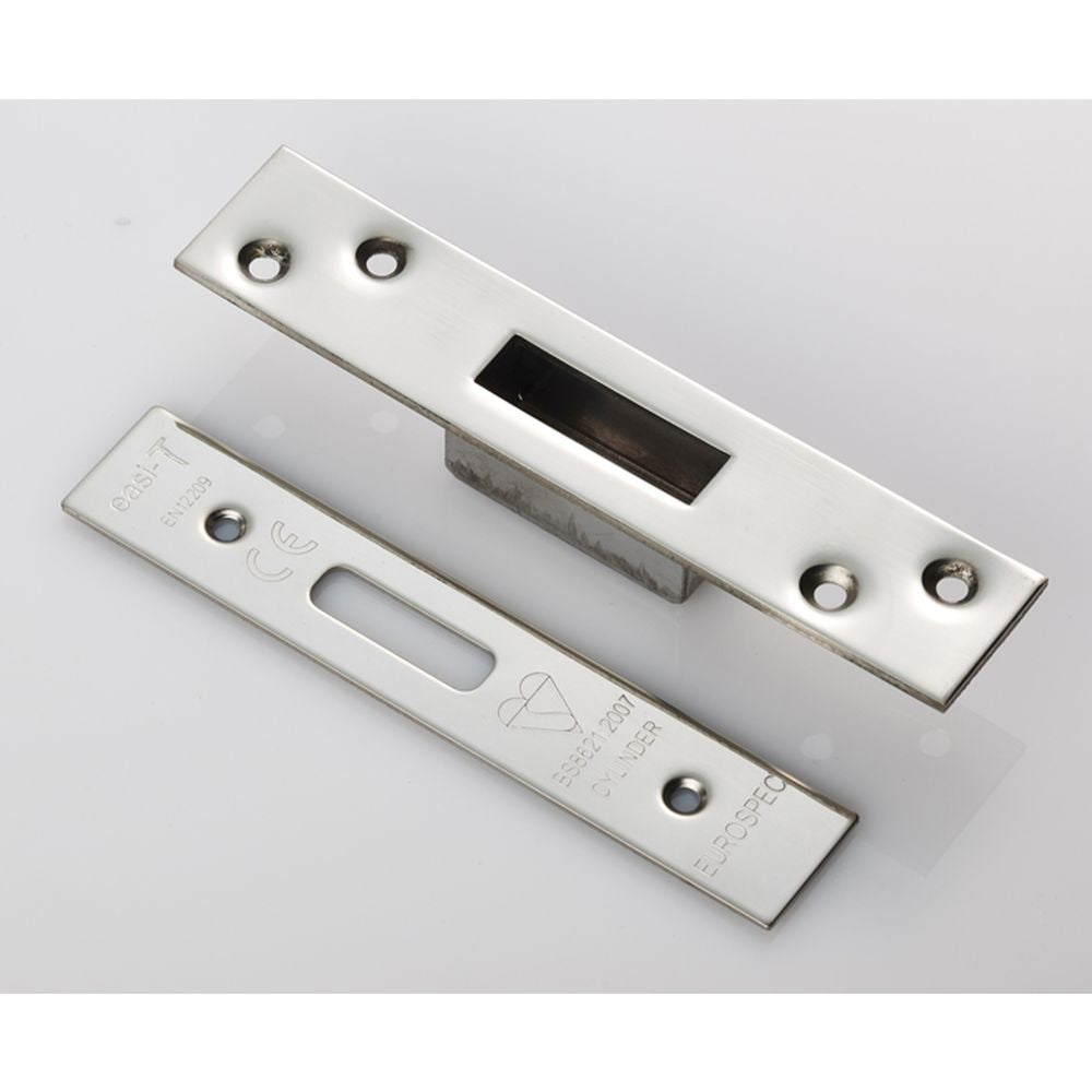 This is an image of a Eurospec - Forend Strike & Fixing Pack To Suit BS8621 Cylinder Deadlock-Bright S that is availble to order from T.H Wiggans Architectural Ironmongery in Kendal.