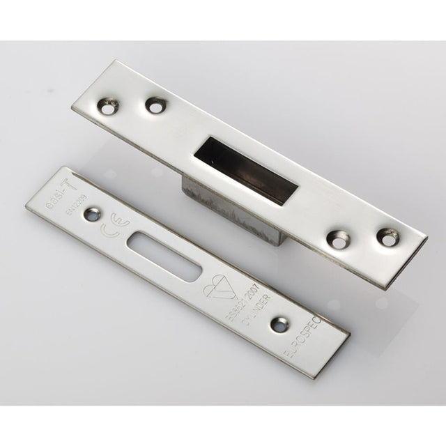 This is an image of a Eurospec - Forend Strike & Fixing Pack To Suit BS8621 Cylinder Deadlock-Bright S that is availble to order from T.H Wiggans Architectural Ironmongery in Kendal.