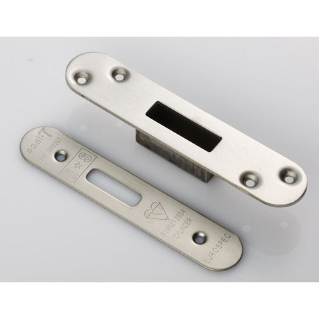 This is an image of a Eurospec - Forend Strike & Fixing Pack To Suit BS8621 Cylinder Deadlock-Satin St that is availble to order from T.H Wiggans Architectural Ironmongery in Kendal.