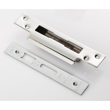 This is an image of a Eurospec - Forend Strike & Fixing Pack To Suit BS8621 Cylinder Sashlock-Bright S that is availble to order from T.H Wiggans Architectural Ironmongery in Kendal.