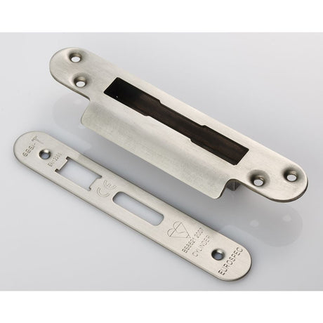 This is an image of a Eurospec - Forend Strike & Fixing Pack To Suit BS8621 Cylinder Sashlock-Satin St that is availble to order from T.H Wiggans Architectural Ironmongery in Kendal.