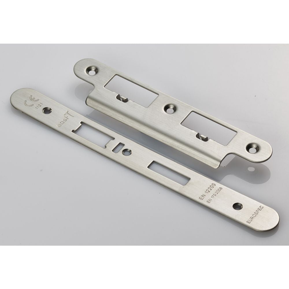 This is an image of a Eurospec - Forend Strike & Fixing Pack To Suit Din Escape Lock-Satin Stainless S that is availble to order from T.H Wiggans Architectural Ironmongery in Kendal.