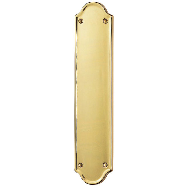 This is an image of Carlisle Brass - Finger Plate Shaped End 302 x 65mm - Polished Brass available to order from T.H Wiggans Architectural Ironmongery in Kendal, quick delivery and discounted prices.