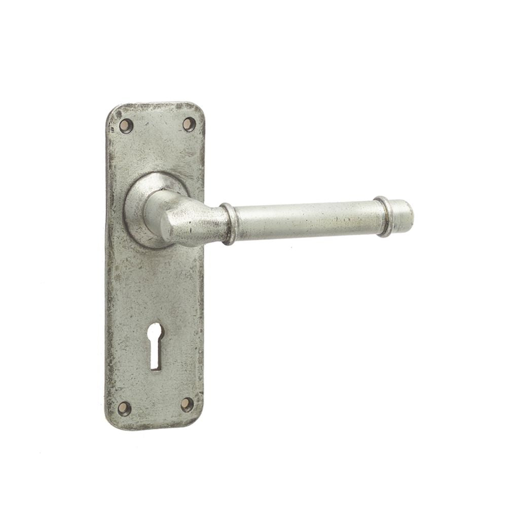 This is an image showing the Frelan - Belfry Standard Lever Lock Handles on Backplate - Pewter available to order from T.H. Wiggans Ironmongery in Kendal