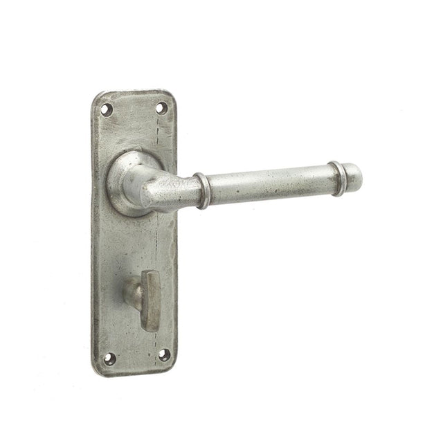 This is an image showing the Frelan - Belfry Bathroom Lock Handles on Backplate - Pewter available to order from T.H. Wiggans Ironmongery in Kendal