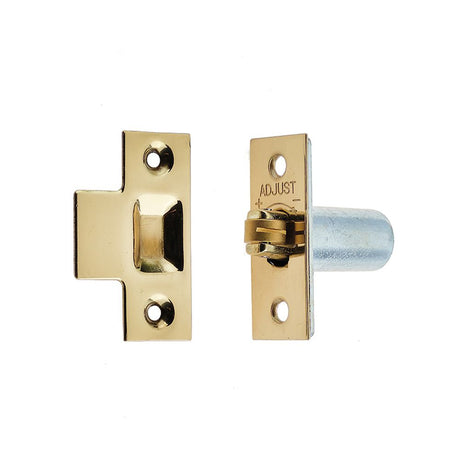 This is an image of a Frelan - PB Adjustable rollerbolt catch (brass roller) that is availble to order from T.H Wiggans Architectural Ironmongery in Kendal in Kendal.