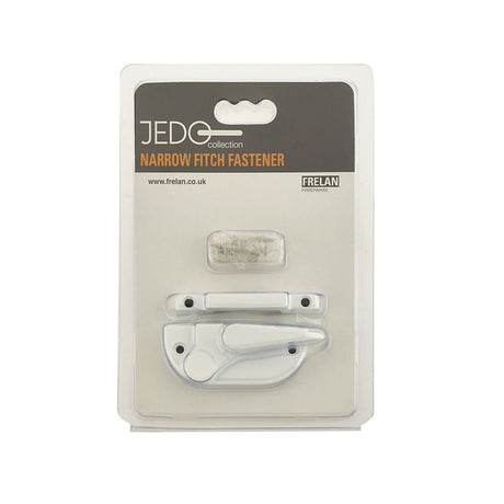 This is an image of a Frelan - Narrow Fitch Fastener - White that is availble to order from T.H Wiggans Architectural Ironmongery in Kendal in Kendal.