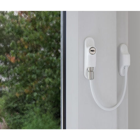 This is an image of a Frelan - Cable Window Restrictor - White that is availble to order from T.H Wiggans Architectural Ironmongery in Kendal in Kendal.