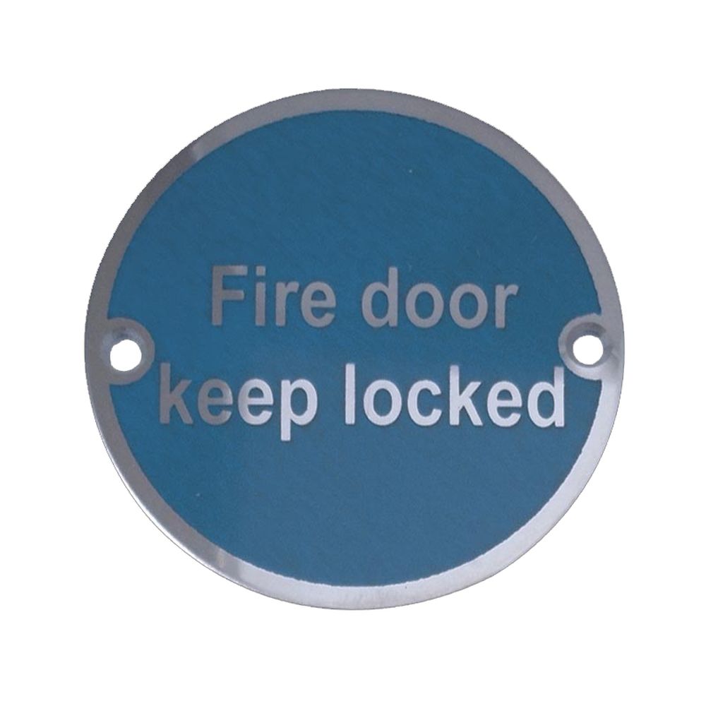 This is an image showing the Frelan - Fire Door Keep Locked' - Signage 75mm Dia. - Satin Stainless Steel available to order from T.H. Wiggans Ironmongery in Kendal