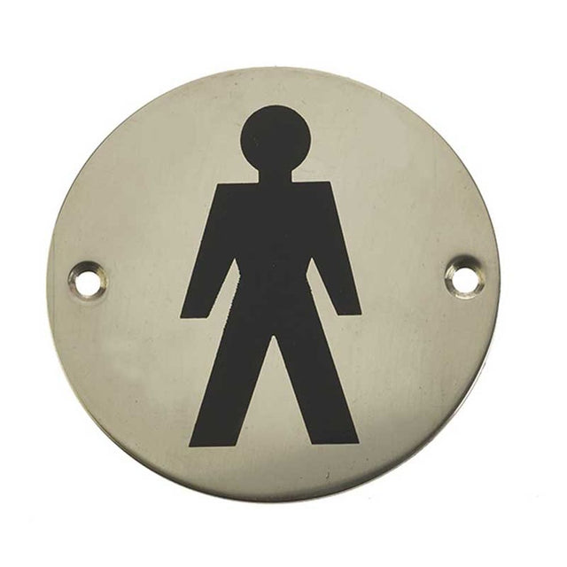 This is an image showing the Frelan - Male Sex Symbol - Signage 75mm Dia. - Polished Stainless Steel available to order from T.H. Wiggans Ironmongery in Kendal