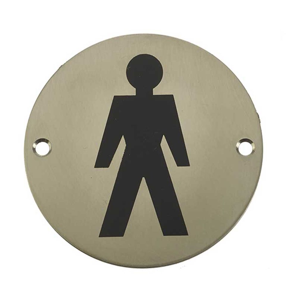 This is an image showing the Frelan - Male Sex Symbol - Signage 75mm Dia. - Satin Stainless Steel available to order from T.H. Wiggans Ironmongery in Kendal