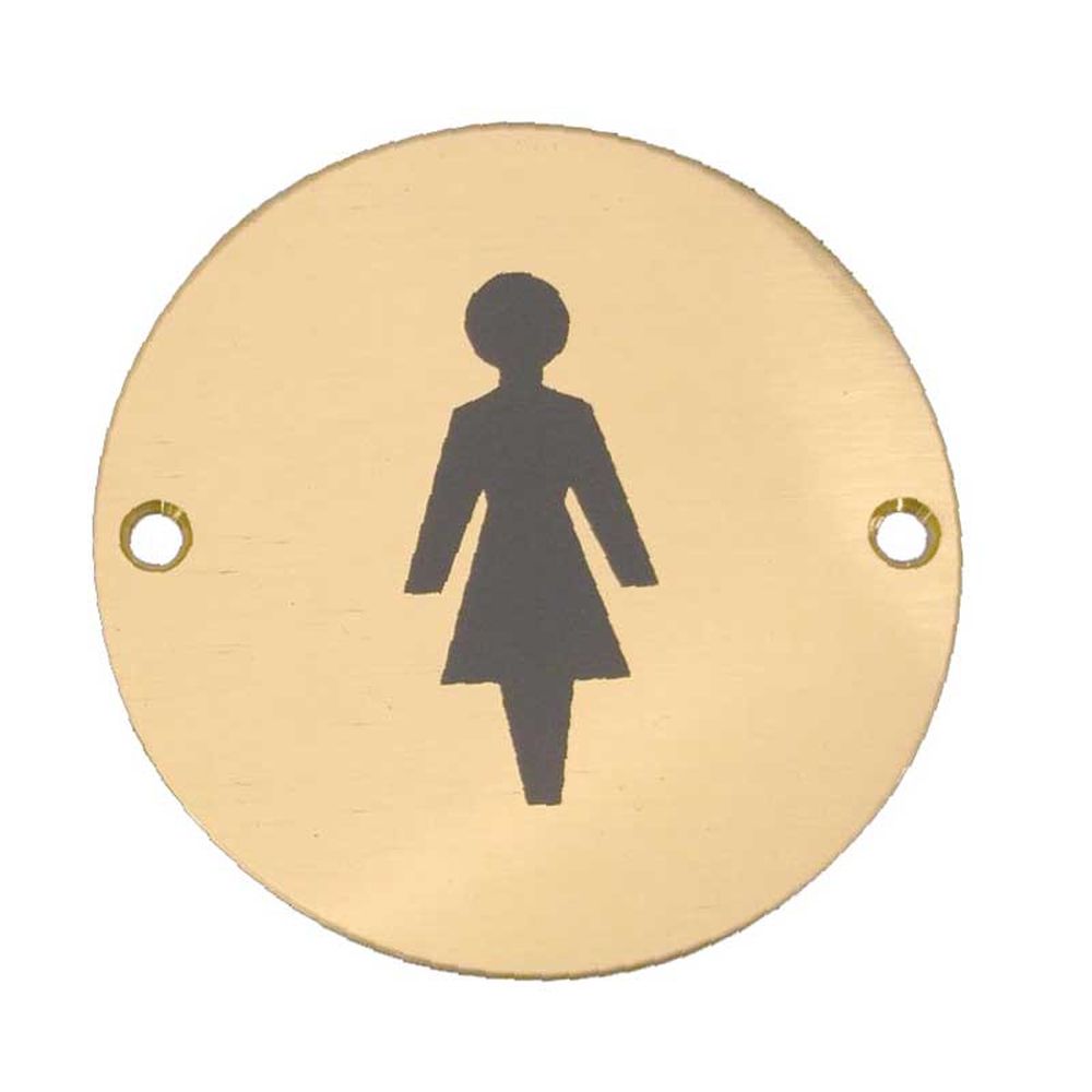 This is an image showing the Frelan - Female Sex Symbol - Signage 75mm Dia. - Polished Brass available to order from T.H. Wiggans Ironmongery in Kendal