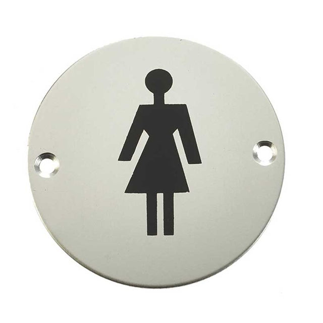 This is an image showing the Frelan - Female Sex Symbol - Signage 75mm Dia. - Satin Anodised Aluminium available to order from T.H. Wiggans Ironmongery in Kendal