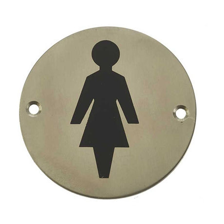 This is an image showing the Frelan - Female Sex Symbol - Signage 75mm Dia. - Satin Stainless Steel available to order from T.H. Wiggans Ironmongery in Kendal