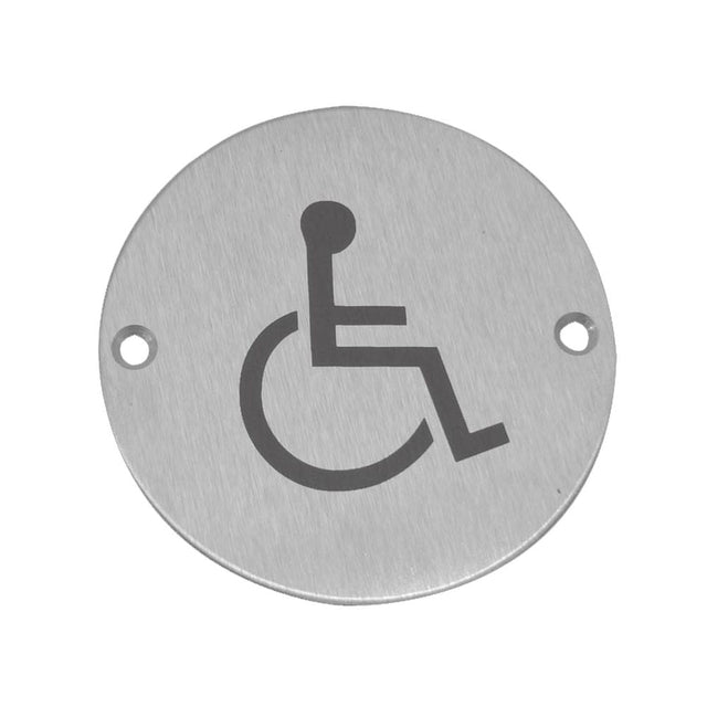 This is an image showing the Frelan - Disabled - Signage 75mm Dia. - Satin Stainless Steel available to order from T.H. Wiggans Ironmongery in Kendal