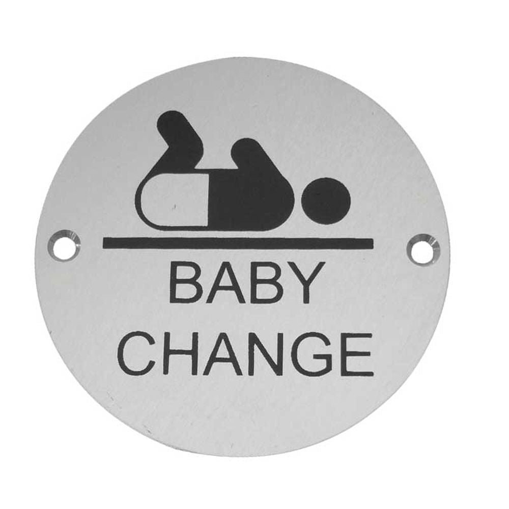 This is an image showing the Frelan - Baby Change - Signage 75mm Dia. - Satin Anodised Aluminium available to order from T.H. Wiggans Ironmongery in Kendal