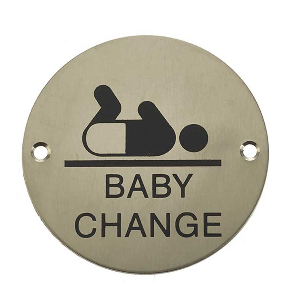 This is an image showing the Frelan - Baby Change - Signage 75mm Dia. - Satin Stainless Steel available to order from T.H. Wiggans Ironmongery in Kendal