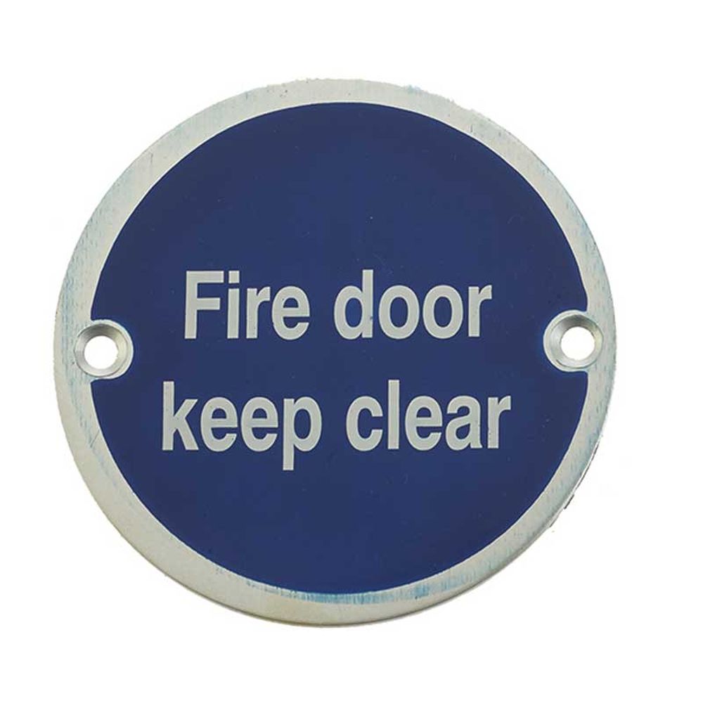 This is an image showing the Frelan - Fire Door Keep Clear - Signage 75mm Dia. - Satin Anodised Aluminium available to order from T.H. Wiggans Ironmongery in Kendal