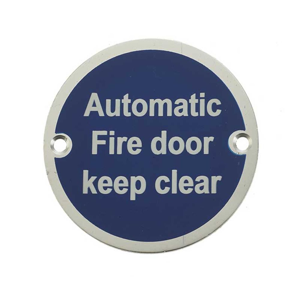 This is an image showing the Frelan - Automatic Fire Door Keep Clear - Signage 75mm Dia. - Satin Anodised Alu available to order from T.H. Wiggans Ironmongery in Kendal