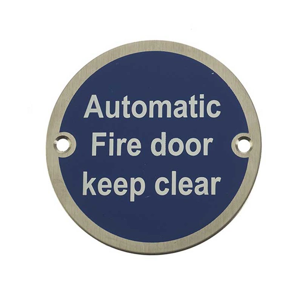 This is an image showing the Frelan - Automatic Fire Door Keep Clear - Signage 75mm Dia. - Satin Stainless St available to order from T.H. Wiggans Ironmongery in Kendal