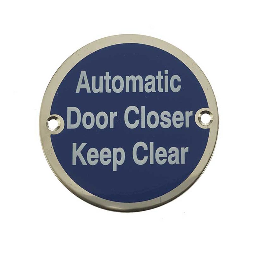 This is an image showing the Frelan - Automatic Door Closer Keep Clear - Signage 75mm Dia. - Polished Stainle available to order from T.H. Wiggans Ironmongery in Kendal