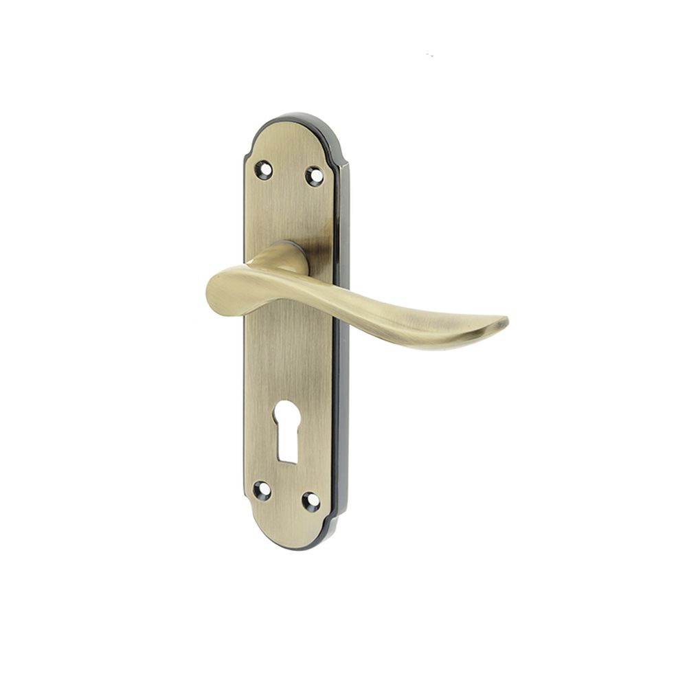 This is an image showing the Frelan - Henley Standard Lever Lock Handles on Backplate - Antique Brass available to order from T.H. Wiggans Ironmongery in Kendal