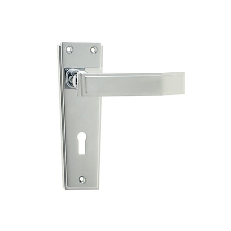 This is an image showing the Frelan - Deco Standard Lever Lock Handles on Backplates - Polished Chrome available to order from T.H. Wiggans Ironmongery in Kendal