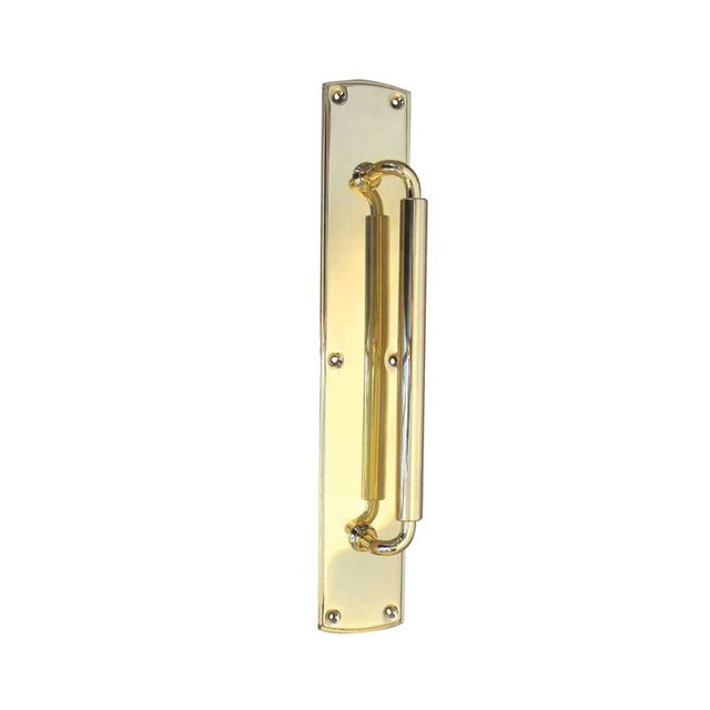 This is an image showing the Frelan - Chatsworth Pull Handle on 63x380mm Back Plate - Polished Brass available to order from T.H. Wiggans Ironmongery in Kendal